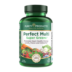 Purity Products Perfect Multi Super Greens bottle on countertop supports daily nutrient intake.