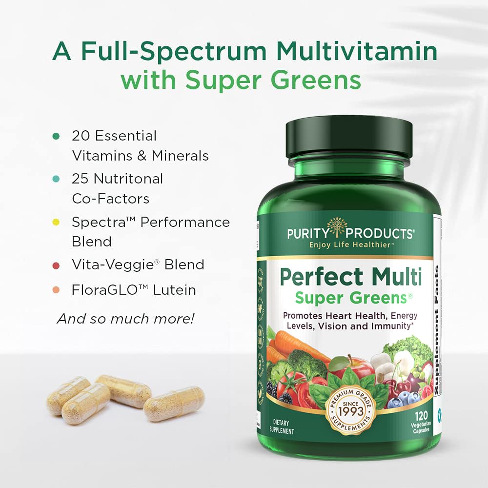 Purity Products Perfect Multi Super Greens capsules suggest easy daily nutrition.
