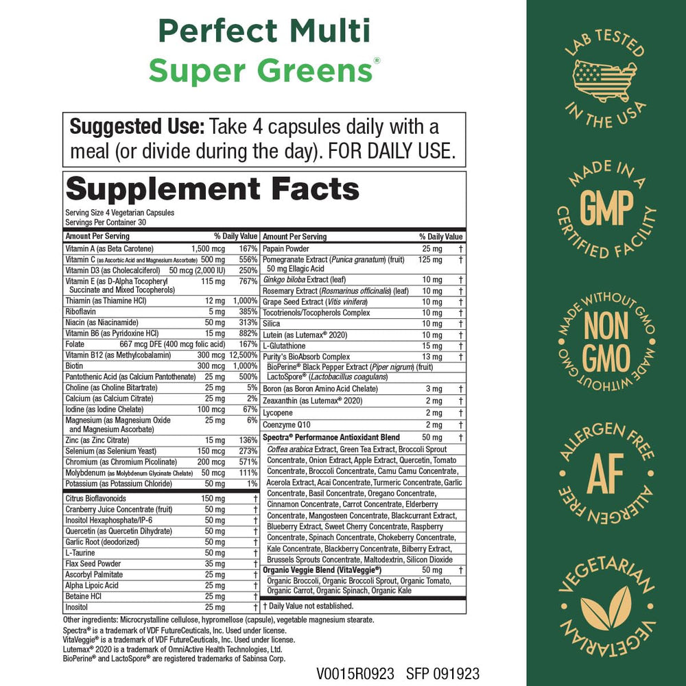 Purity Products Perfect Multi Super Greens label showcases vitamin blend for daily health support.