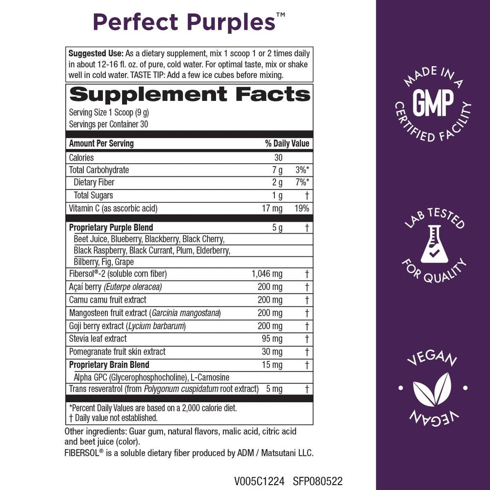Purity Products Perfect Purples dispensing spoon ready to mix for vitality.