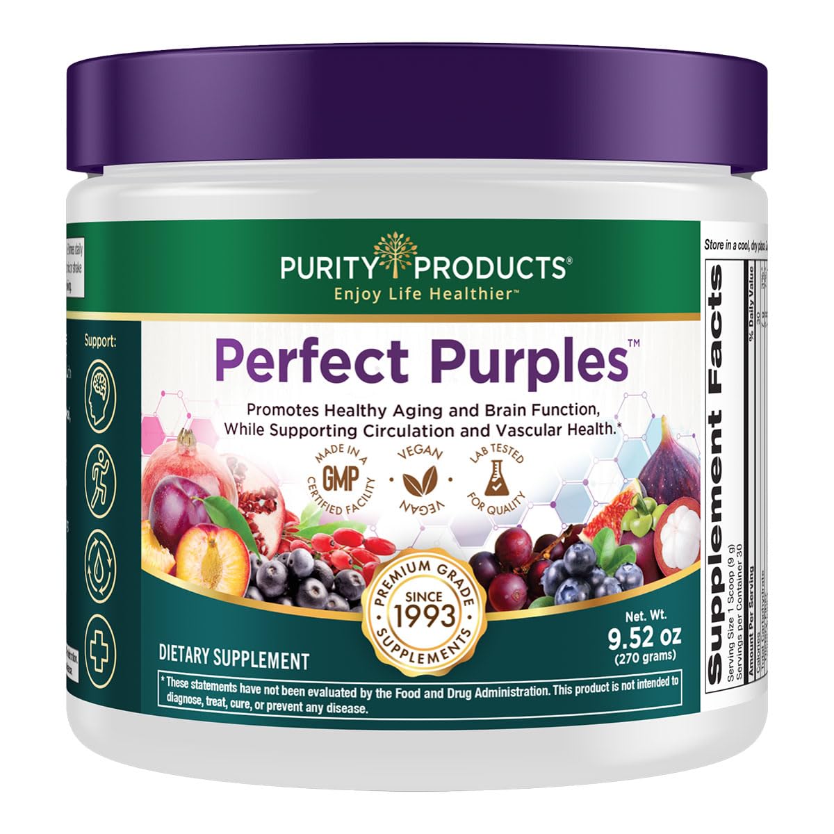 Purity Products Perfect Purples powder in a jar for antioxidant support.