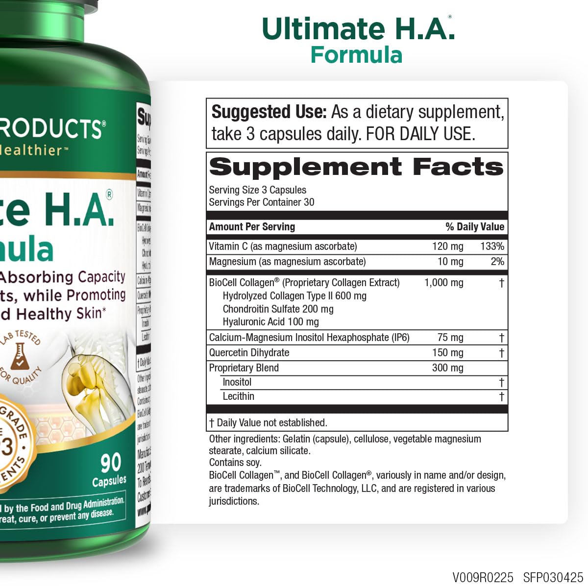 Purity Products Ultimate H.A. bottle-back features collagen and hyaluronic acid blend for skin and joints.