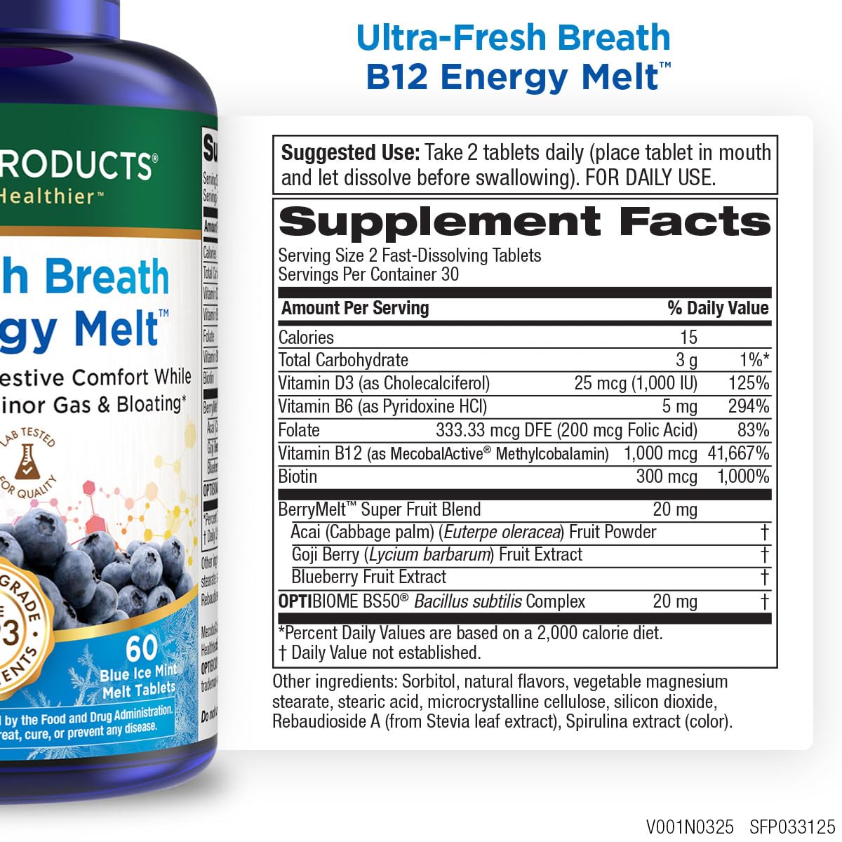 Purity Products Ultra Fresh Breath B12 Melts tablet close-up highlighting mint flavor and fast-acting energy.