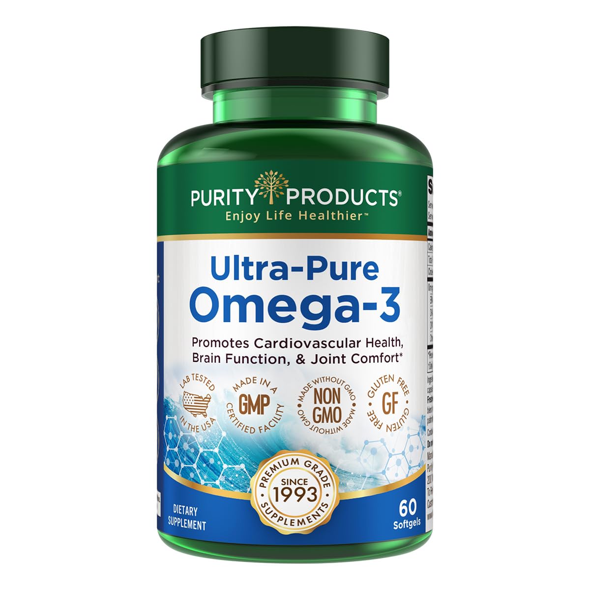 Purity Products Ultra-Pure Omega-3 bottle front with balanced EPA/DHA emphasis.
