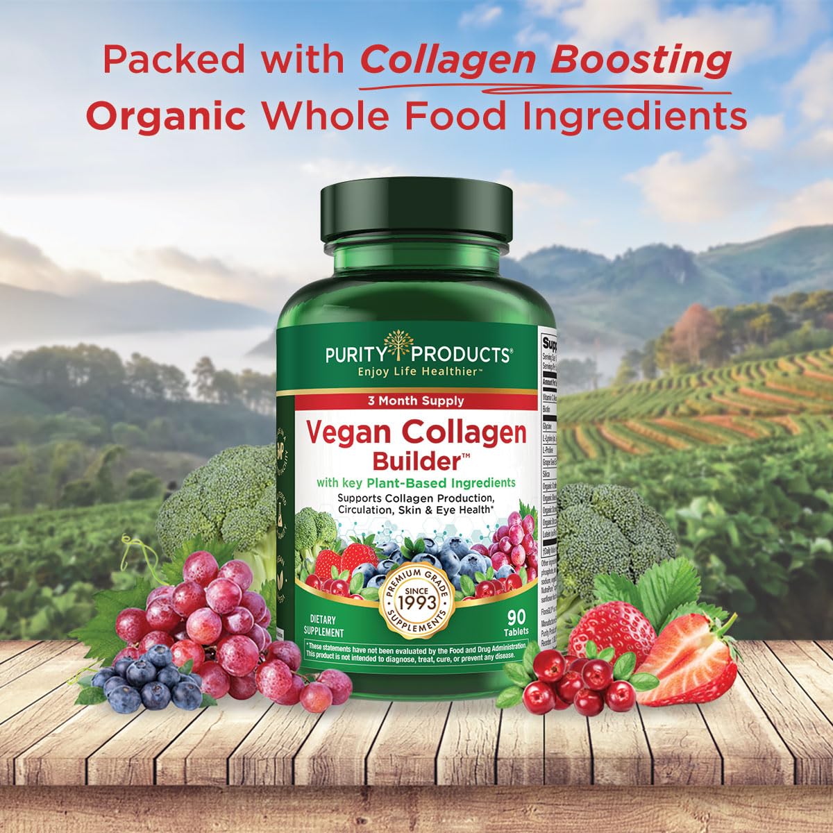 Purity Products Vegan Collagen Builder ingredients; plant-based blend with silica and vitamin C.