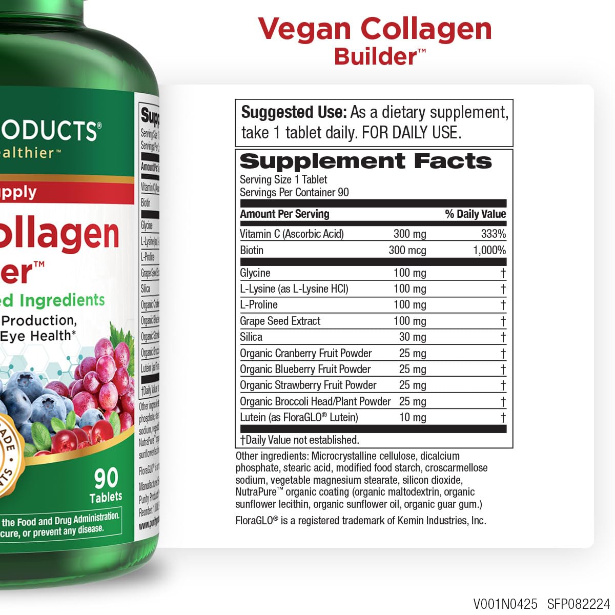Purity Products Vegan Collagen Builder tablet; one easy to swallow capsule for skin support.