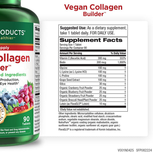 Purity Products Vegan Collagen Builder tablet; one easy to swallow capsule for skin support.