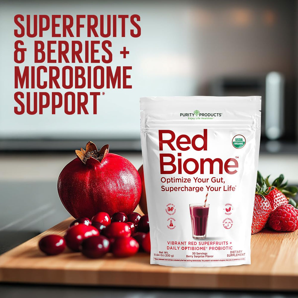 Purity Red Biome powder dissolving easily in water for a refreshing daily dose.