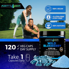 Purity's Best Wild Blueberry Extract capsules pour demonstrates easy daily dosing for convenient routine.