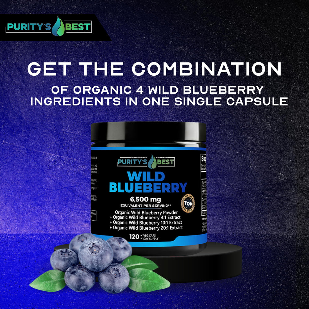 Purity's Best Wild Blueberry Extract capsules close-up, highlighting high potency for cognitive and heart-friendly benefits.