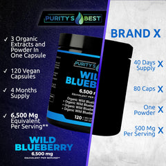 Purity's Best Wild Blueberry Extract label detail showing clean, vegan-friendly ingredients and GMP quality.
