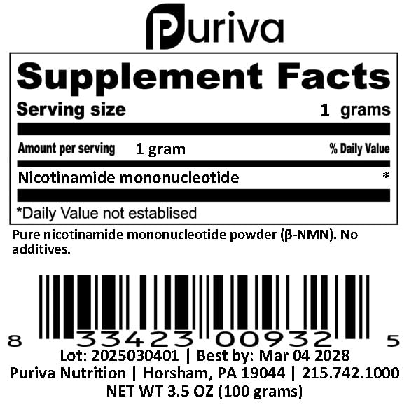 Puriva NMN powder ready for buccal use with included scoop.