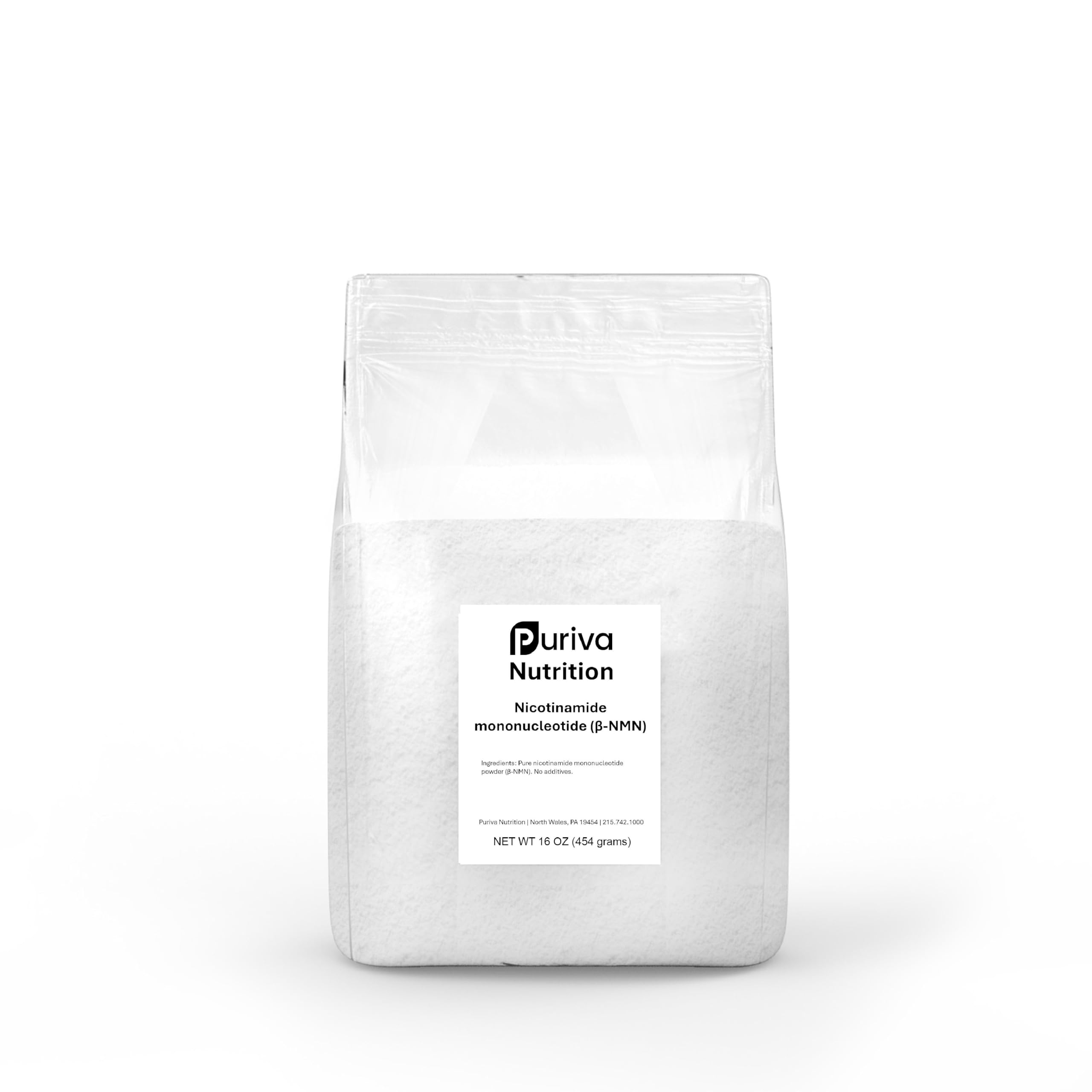 Puriva NMN powder bottle showing clean packaging and easy daily dosing.