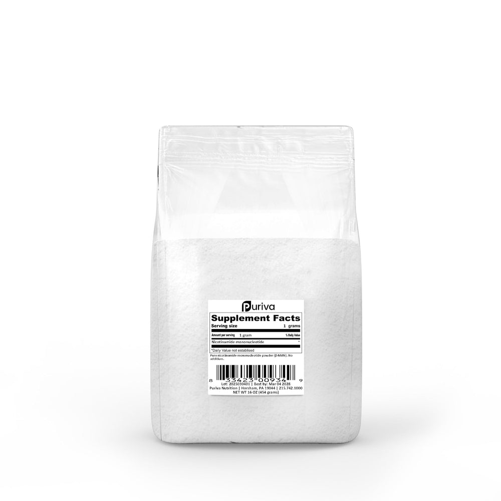 Puriva NMN powder packaging highlights eco-friendly, minimal packaging.