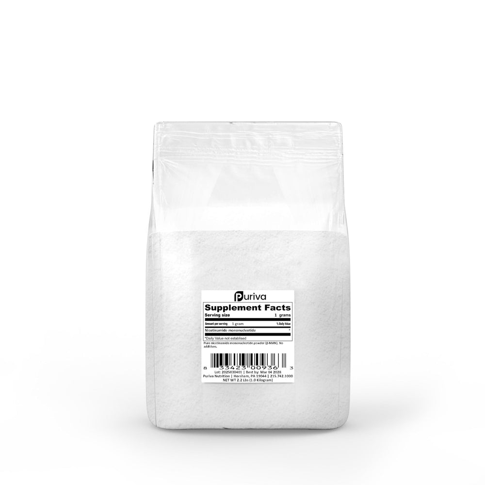 Puriva NMN powder with scoop illustrating easy dosage and portion control.