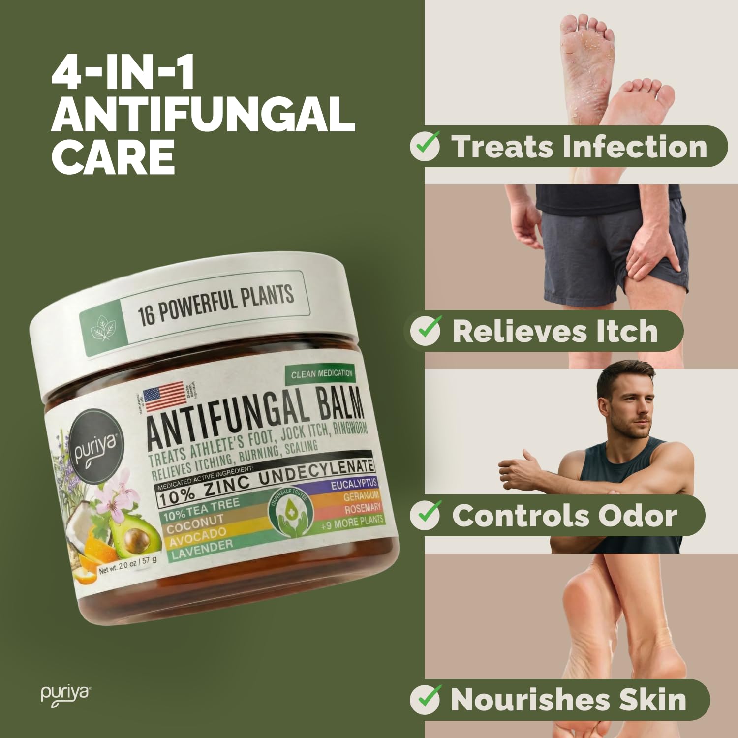 Puriya 10% zinc undecylenate label close-up emphasizes the antifungal action.