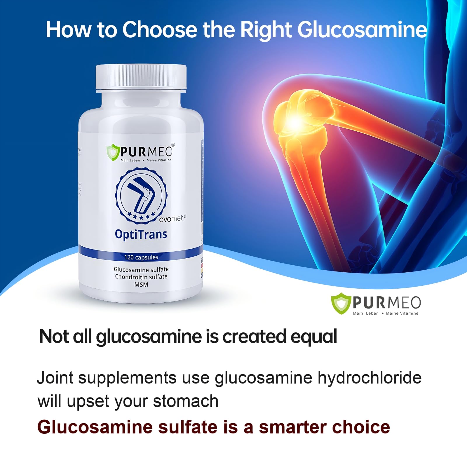 Purmeo ingredients blend with glucosamine, chondroitin, MSM, boswellia for joints.