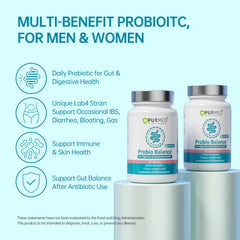 Purmeo label design graphic emphasizes multi-strain probiotic benefits for gut health.