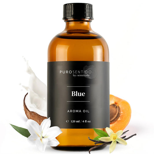 PuroSentido Blue Aroma Oil bottle beside a diffuser delivering coastal fragrance