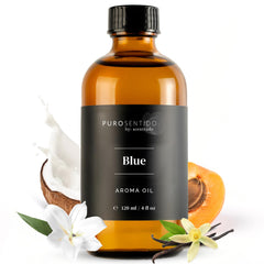 PuroSentido Blue Aroma Oil bottle beside a diffuser delivering coastal fragrance