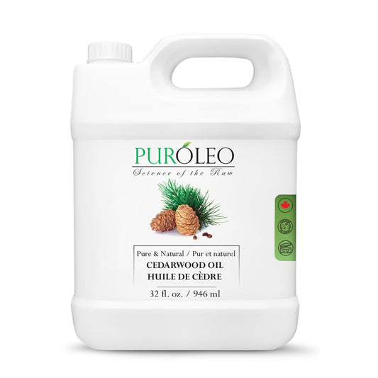 PURÓLEO Cedarwood Oil bottle pour for diffusion and calming aroma.