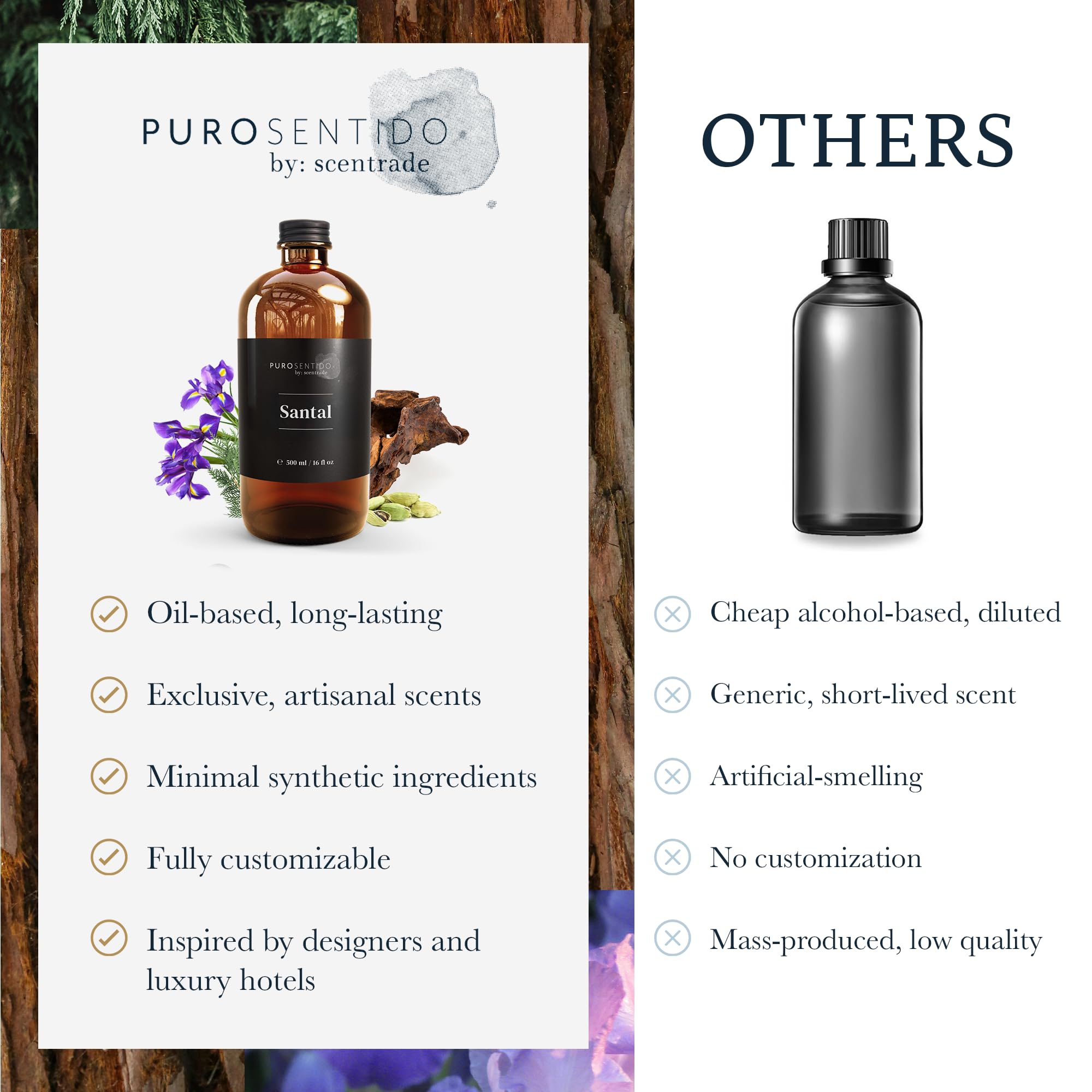 PuroSentido Santal diffuser oil on wooden tray in a calm room