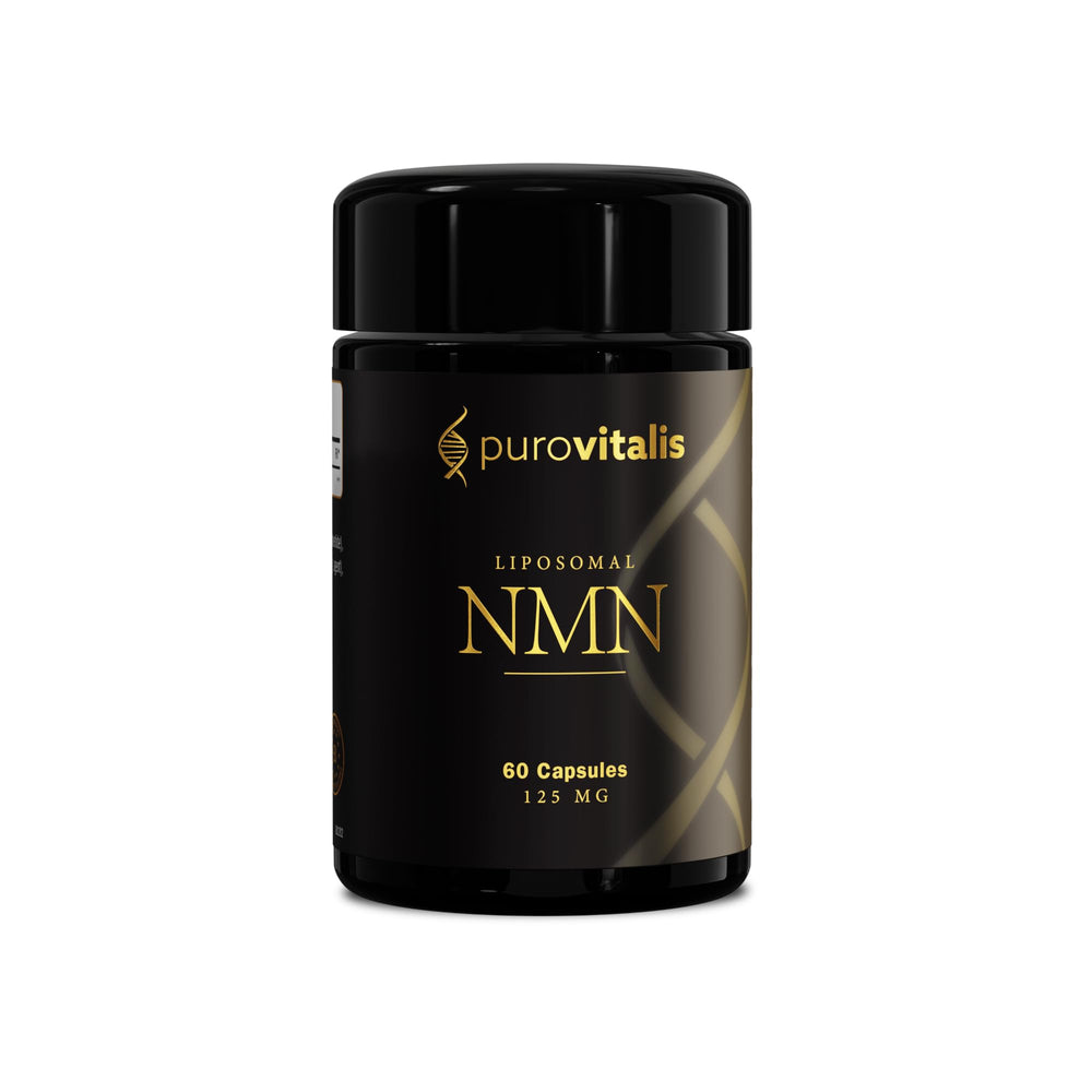 PUROVITALIS Liposomal NMN bottle front view shows packaging for daily energy support.