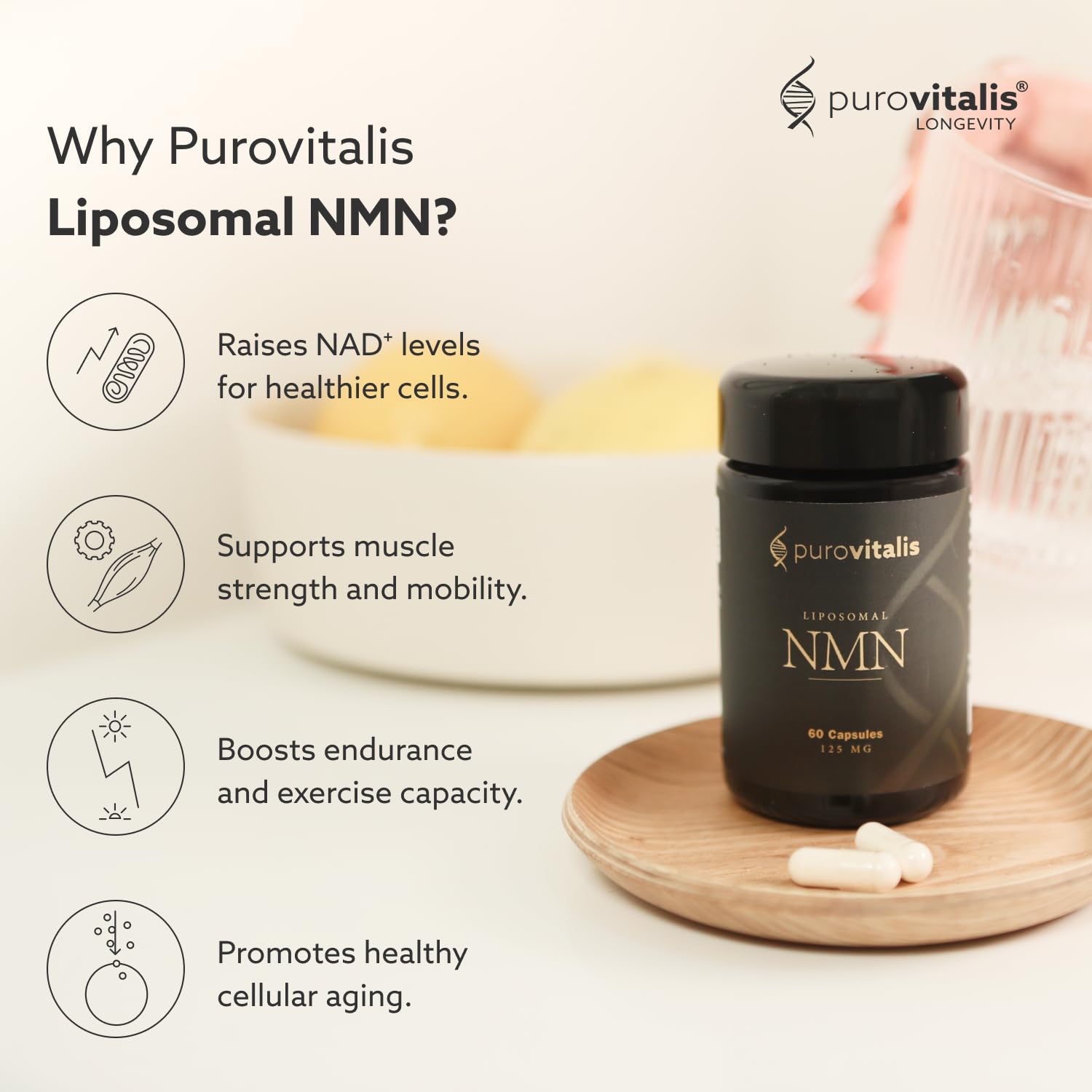 PUROVITALIS NMN bottle side angle demonstrates premium European formulation and vegan origin.
