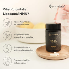 PUROVITALIS NMN bottle side angle demonstrates premium European formulation and vegan origin.