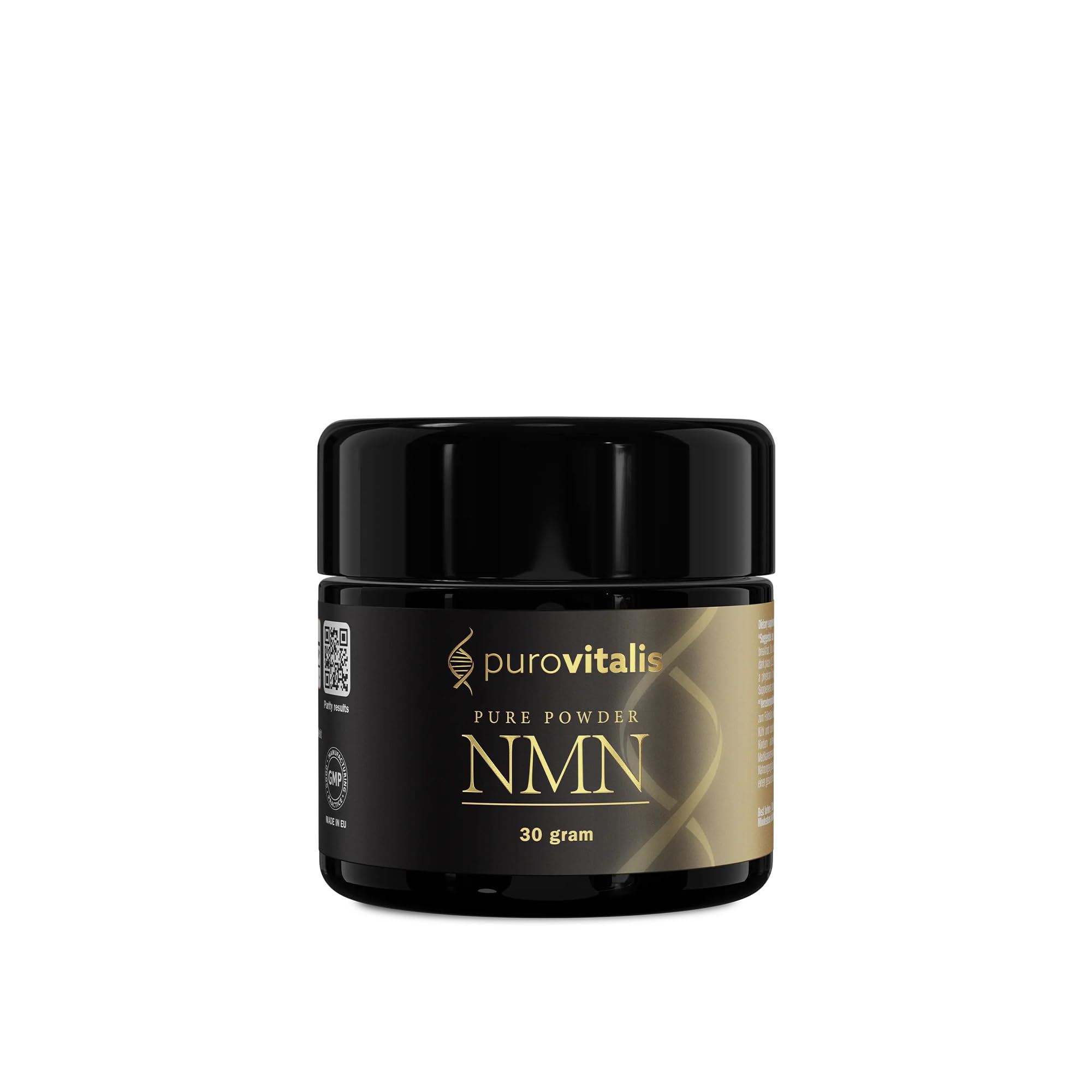 PUROVITALIS NMN powder in a glass Miron bottle supports daily energy and vitality.