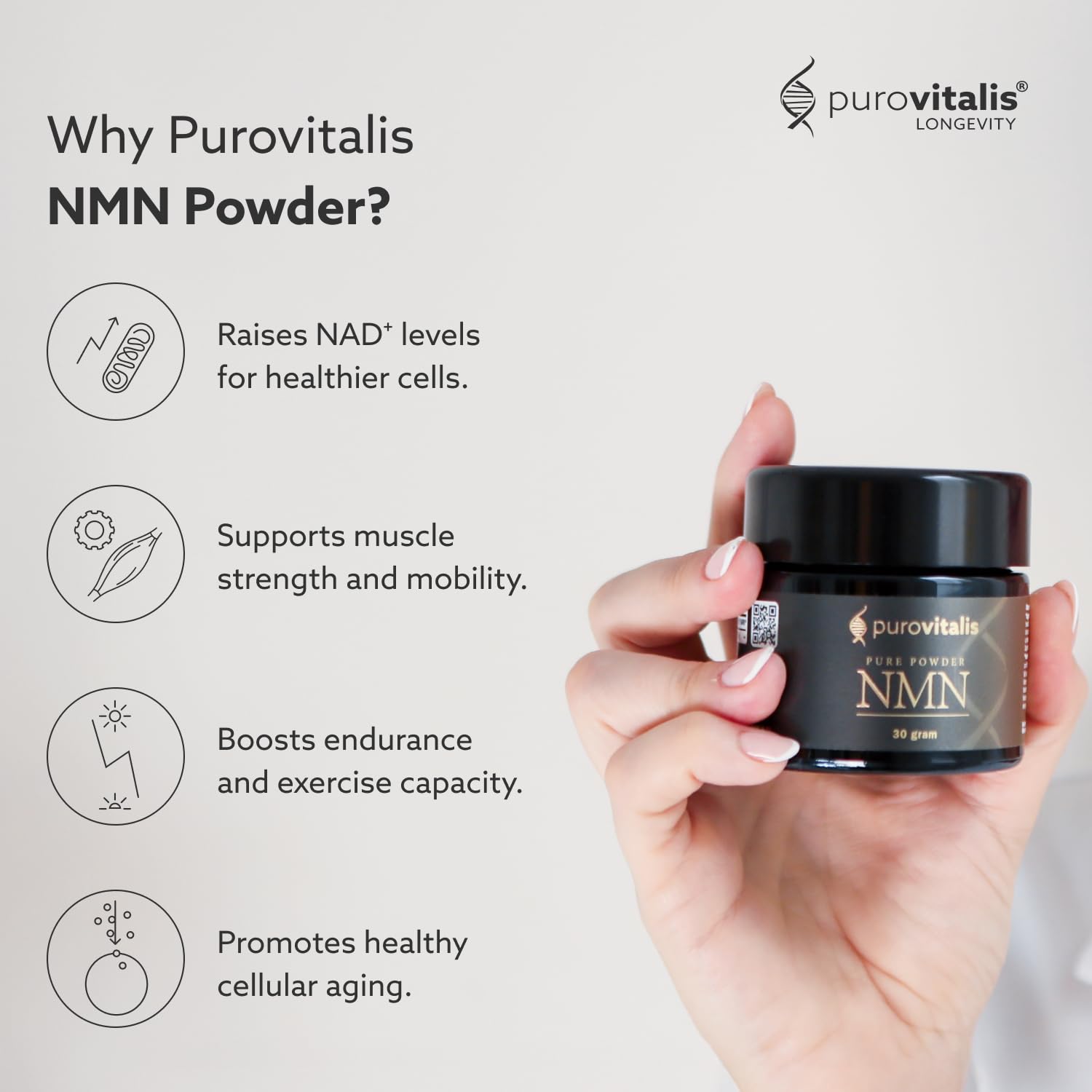 Measuring scoop included with PUROVITALIS NMN powder for precise dosing.