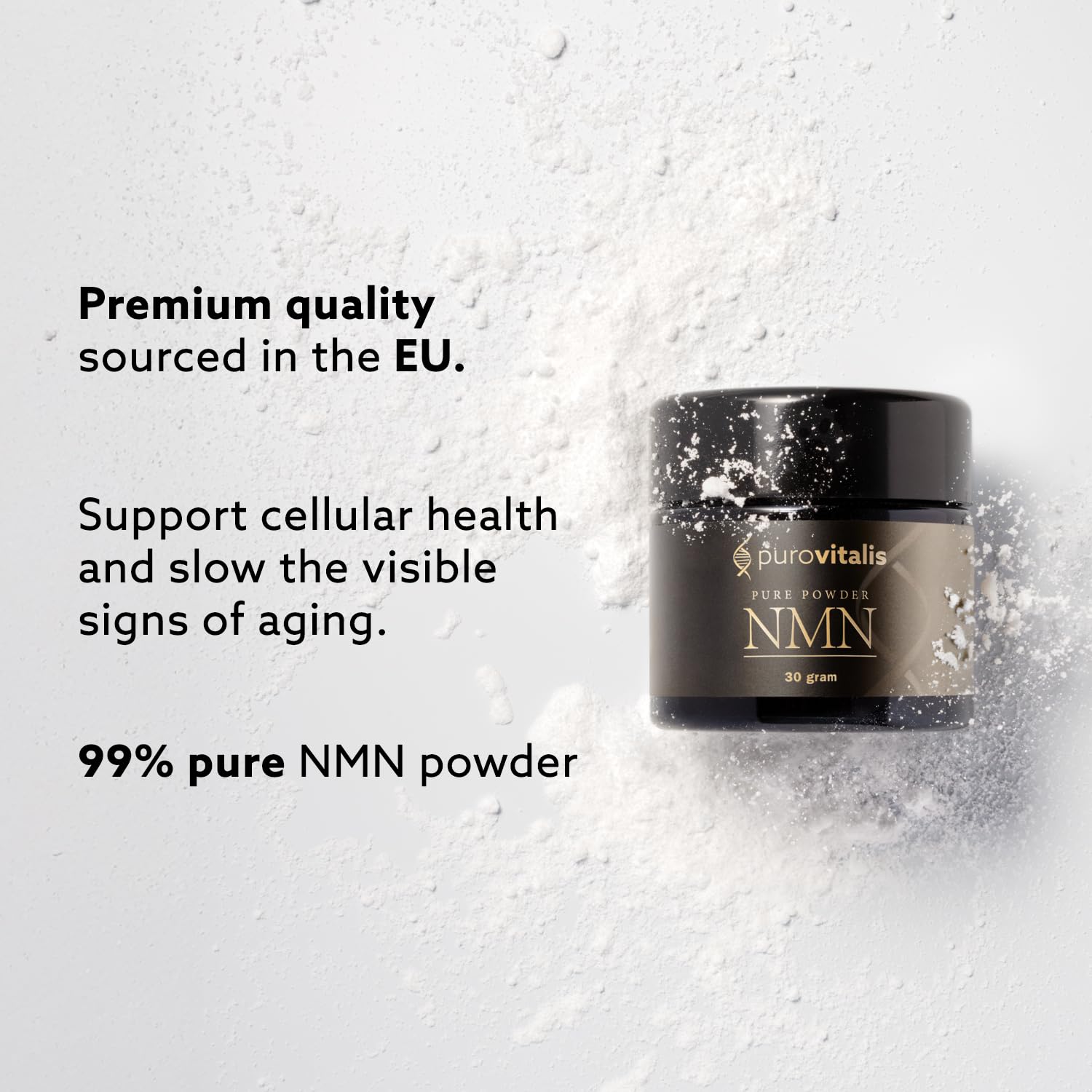 PUROVITALIS NMN powder verified by third-party testing for purity and safety.