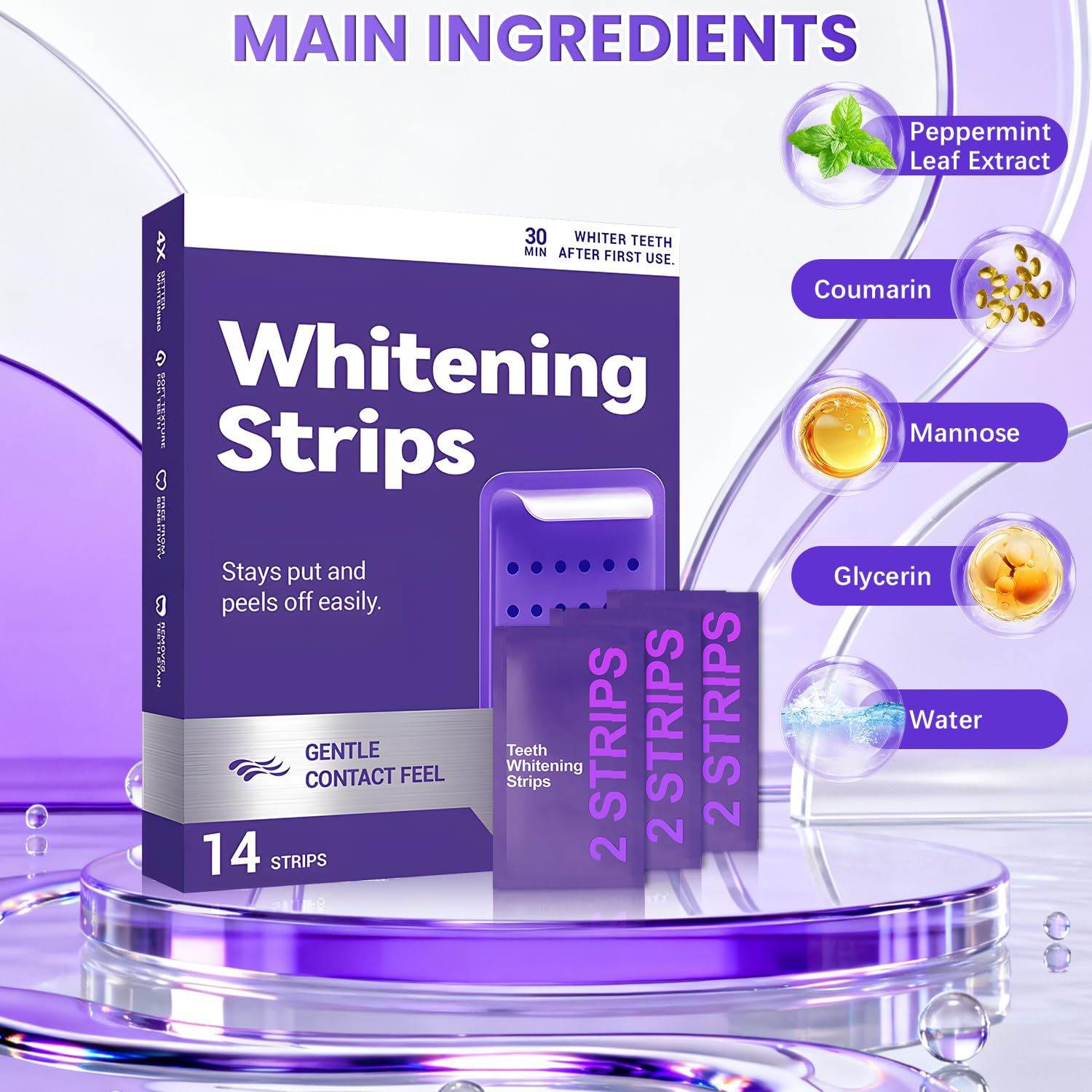 Purple Teeth Whitening Strips applied to teeth for subtle brightness