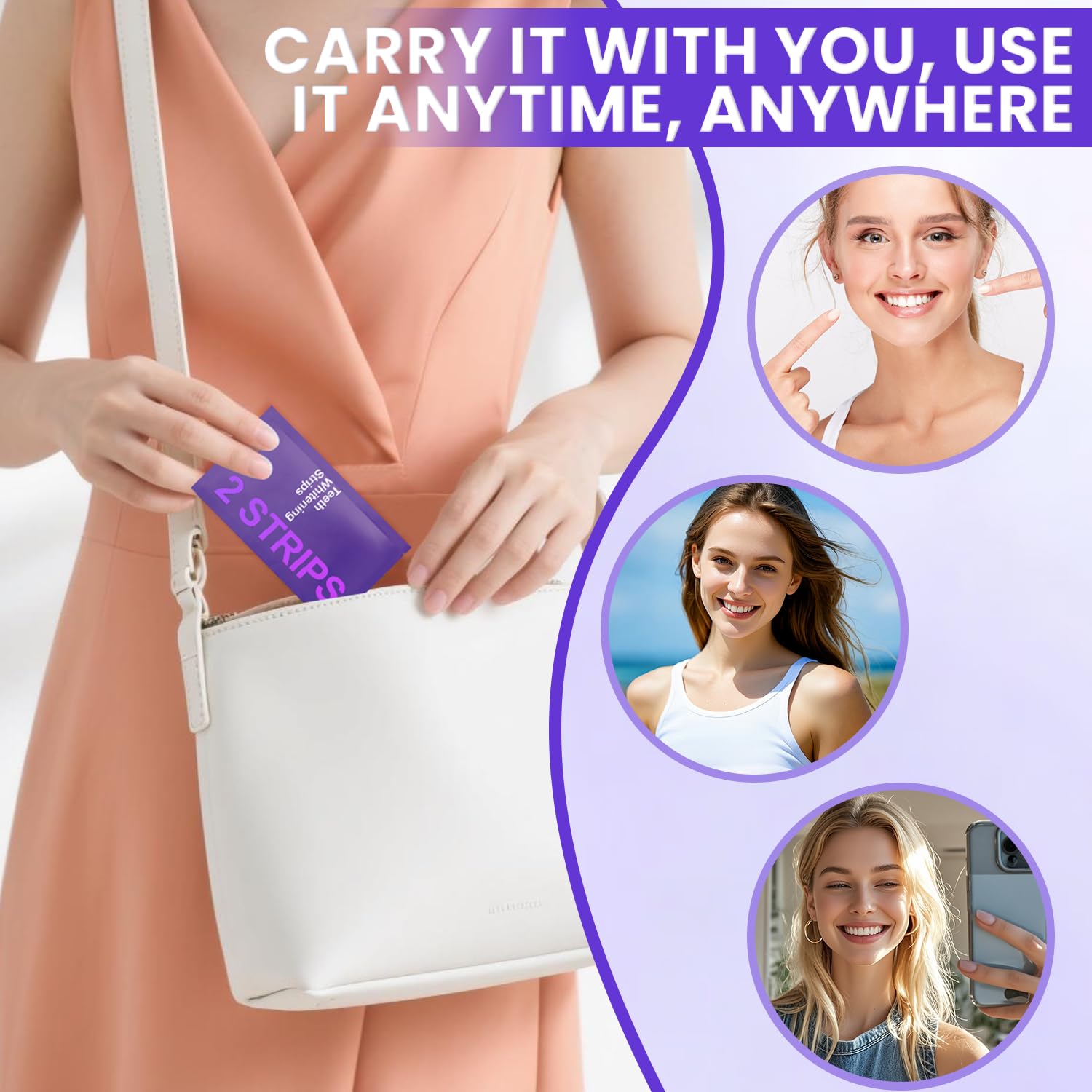 Purple Teeth Whitening Strips daily routine for cleaner looking teeth