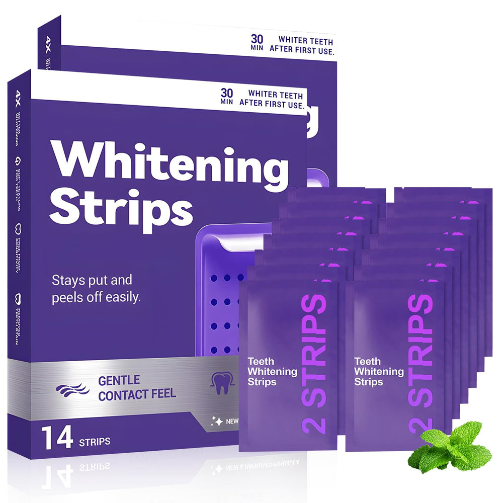 Purple Teeth Whitening Strips packaged for convenient travel and storage