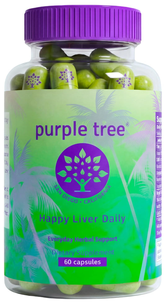 Purple Tree Happy Liver Daily bottle front view with vegan capsules for daily liver support.