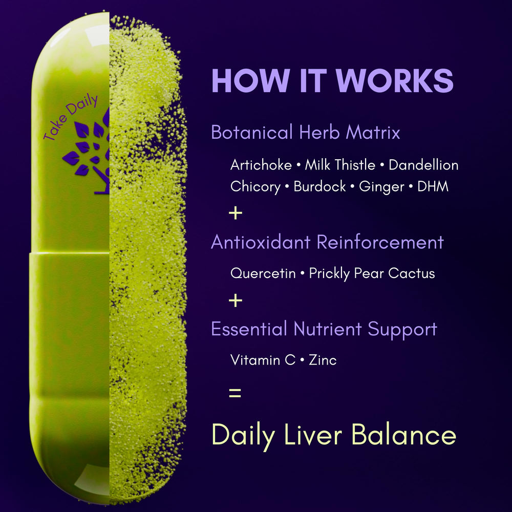 Purple Tree Happy Liver Daily capsules close-up shows plant-based formula.