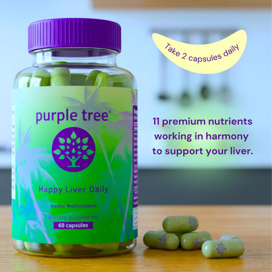 Purple Tree Happy Liver Daily ingredients panel highlights Milk Thistle and Dandelion.