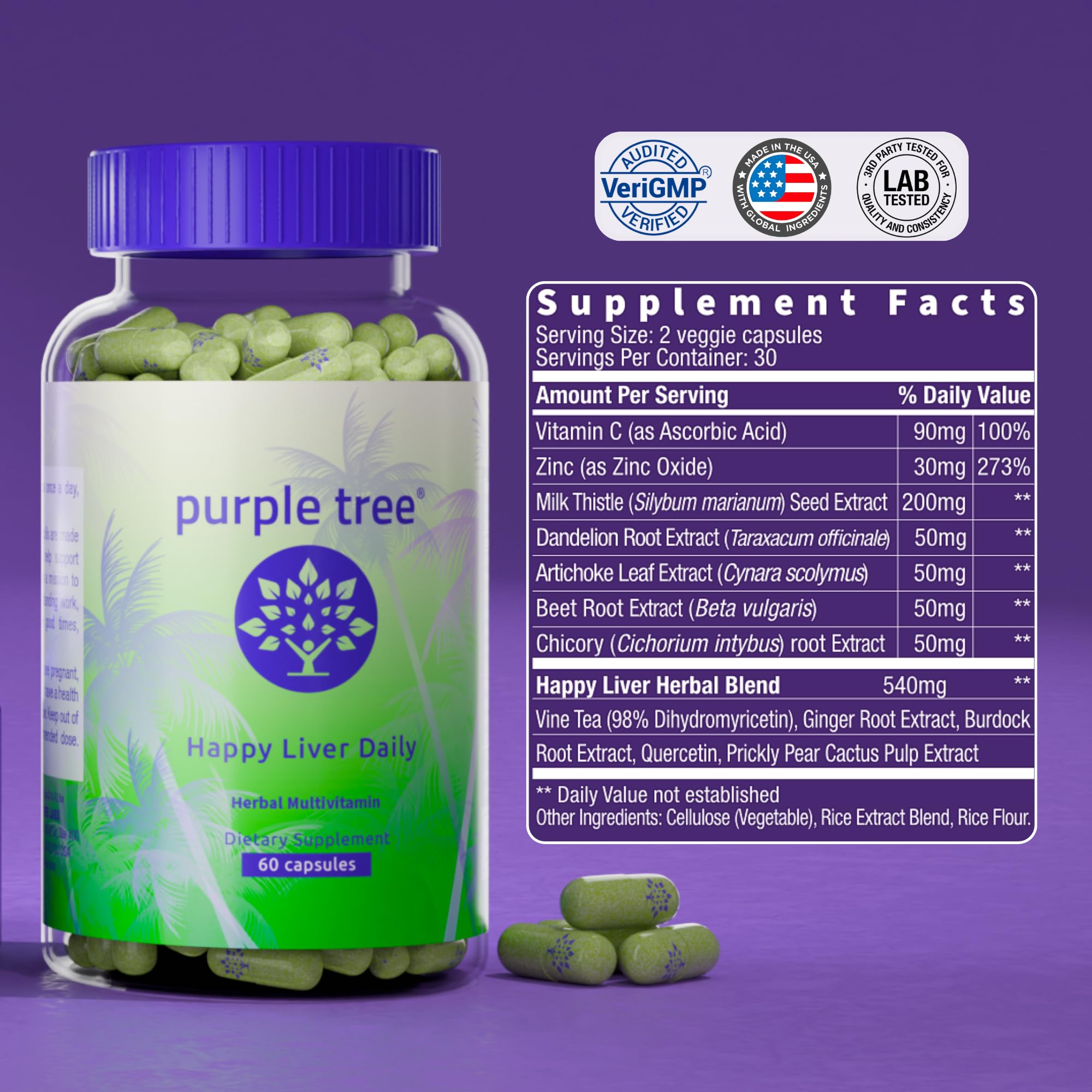 Purple Tree Happy Liver Daily packaging and label emphasize 60-vegan capsules.