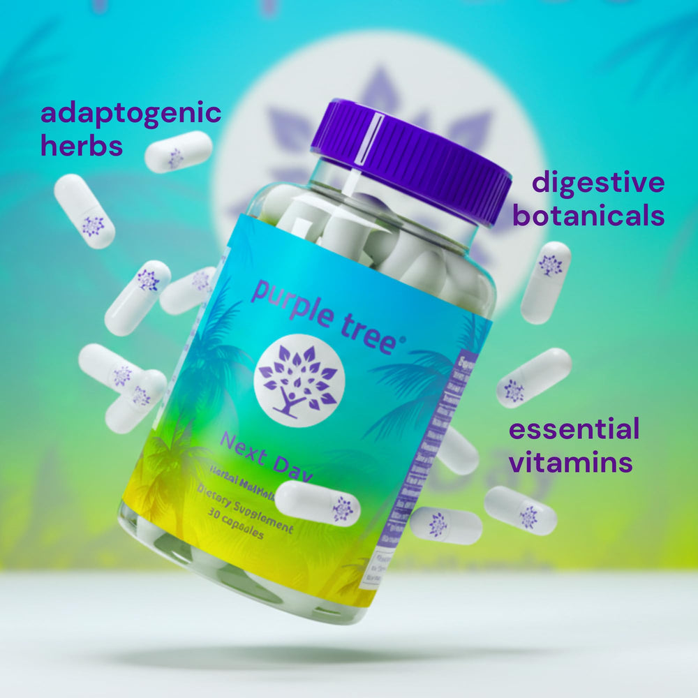 Purple Tree Next Day bottle label showcasing Ashwagandha and electrolytes.