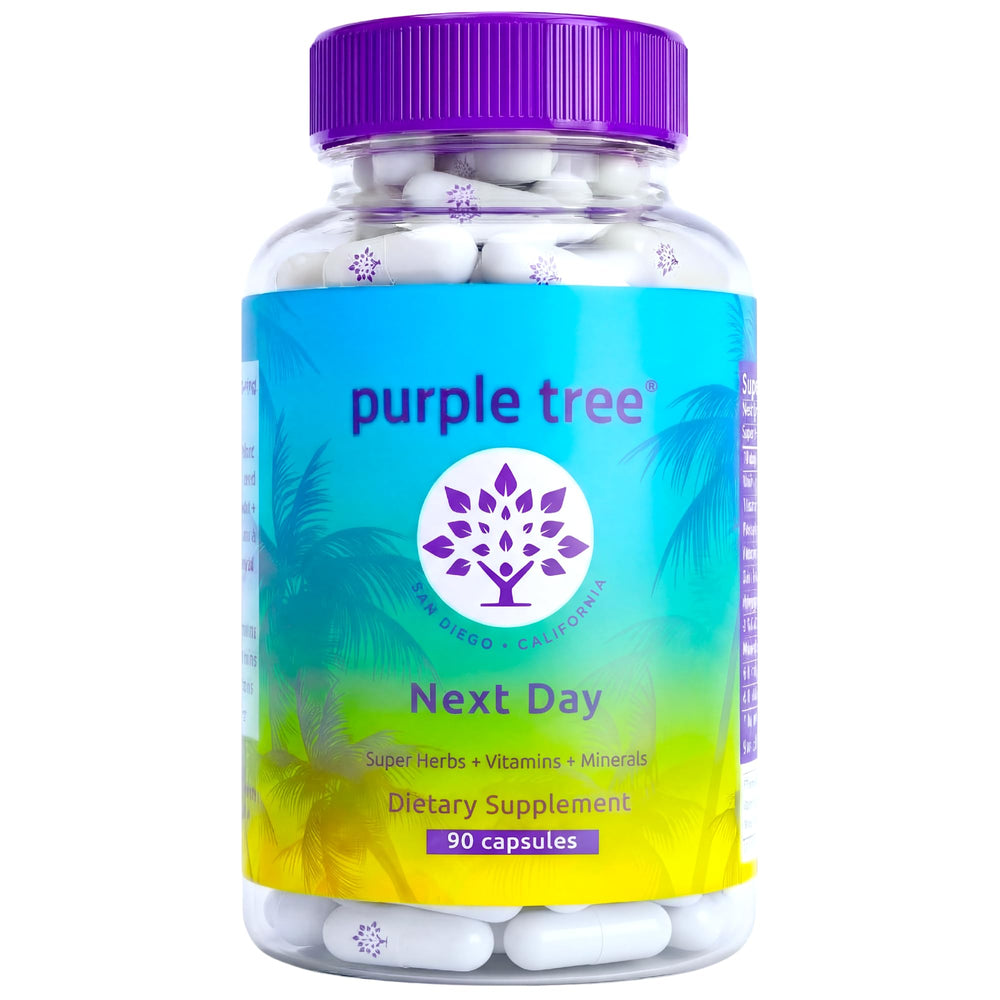 Purple Tree Next Day capsules close-up showing texture for post-drink recovery.