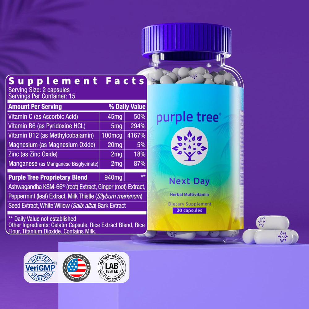 Purple Tree Next Day person taking a capsule represents a simple post-night routine