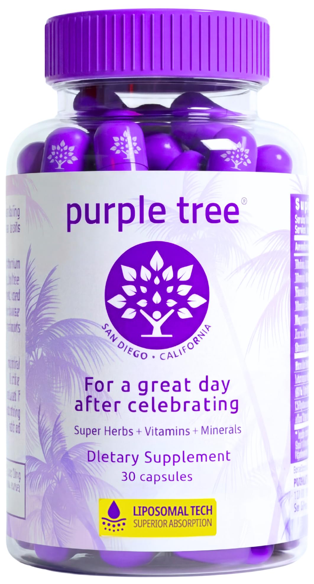 Purple Tree Post-Celebration Wellness bottle front, after-party recovery in mind