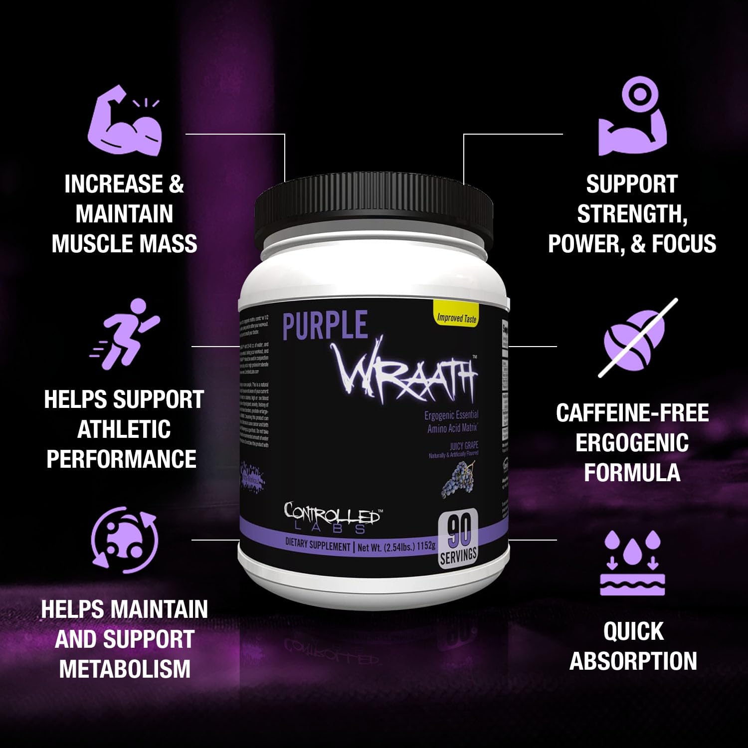 Purple Wraath scoop measures powder for precise intra-workout dosing.
