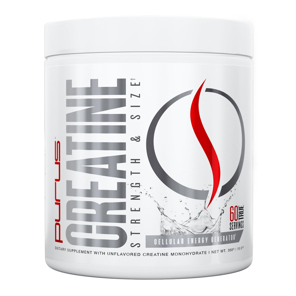 Purus Labs Foundation Creatine powder bottle in gym setting supports strength potential.