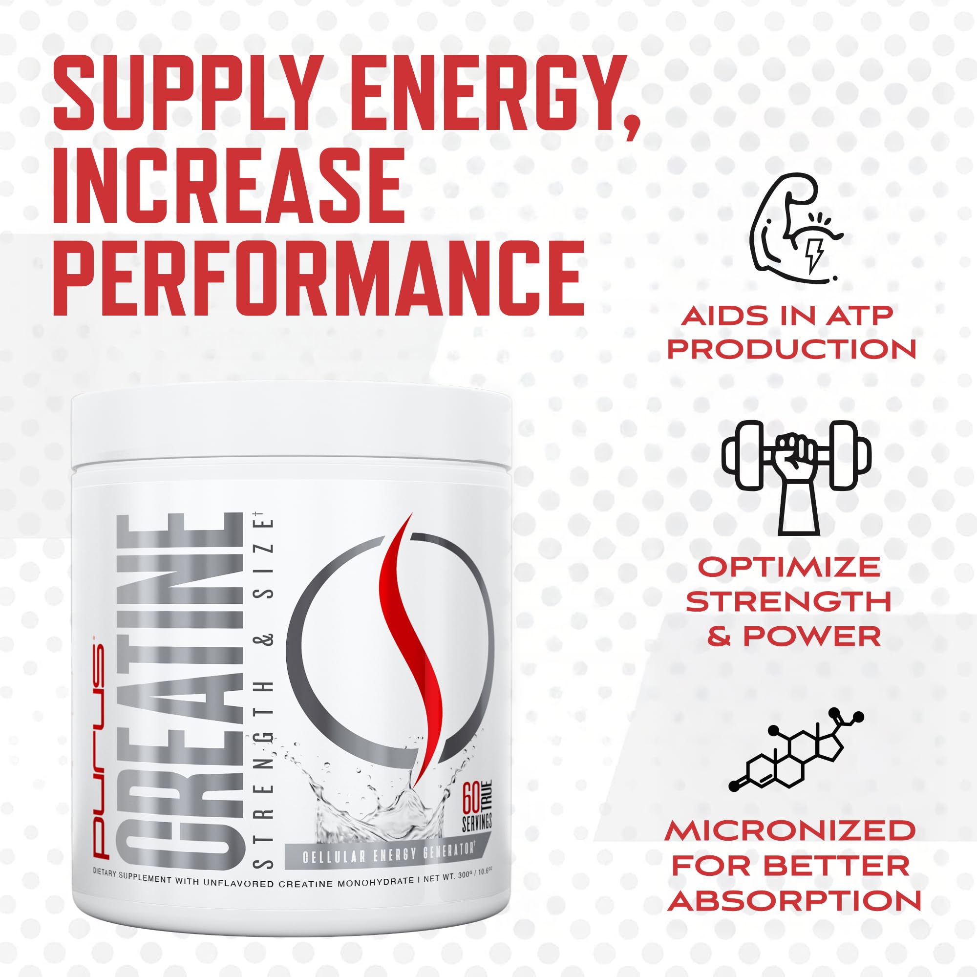 Label detail showing 100% pure creatine monohydrate from Purus Labs.