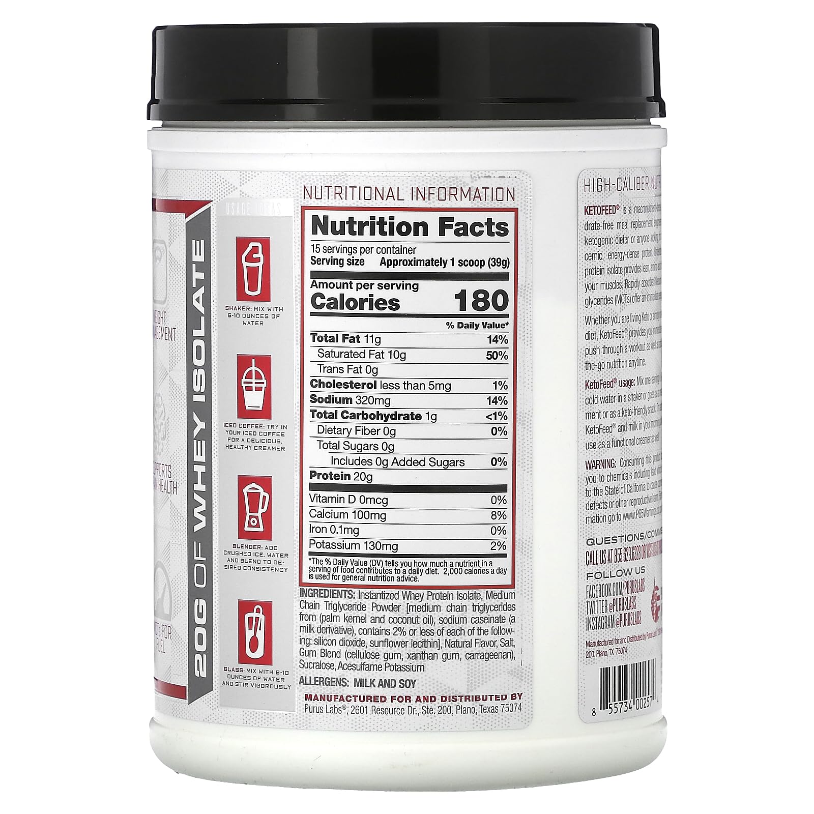 Purus Labs KetoFeed Protein shake in glass showing a quick energy boost and low-carb meal option.