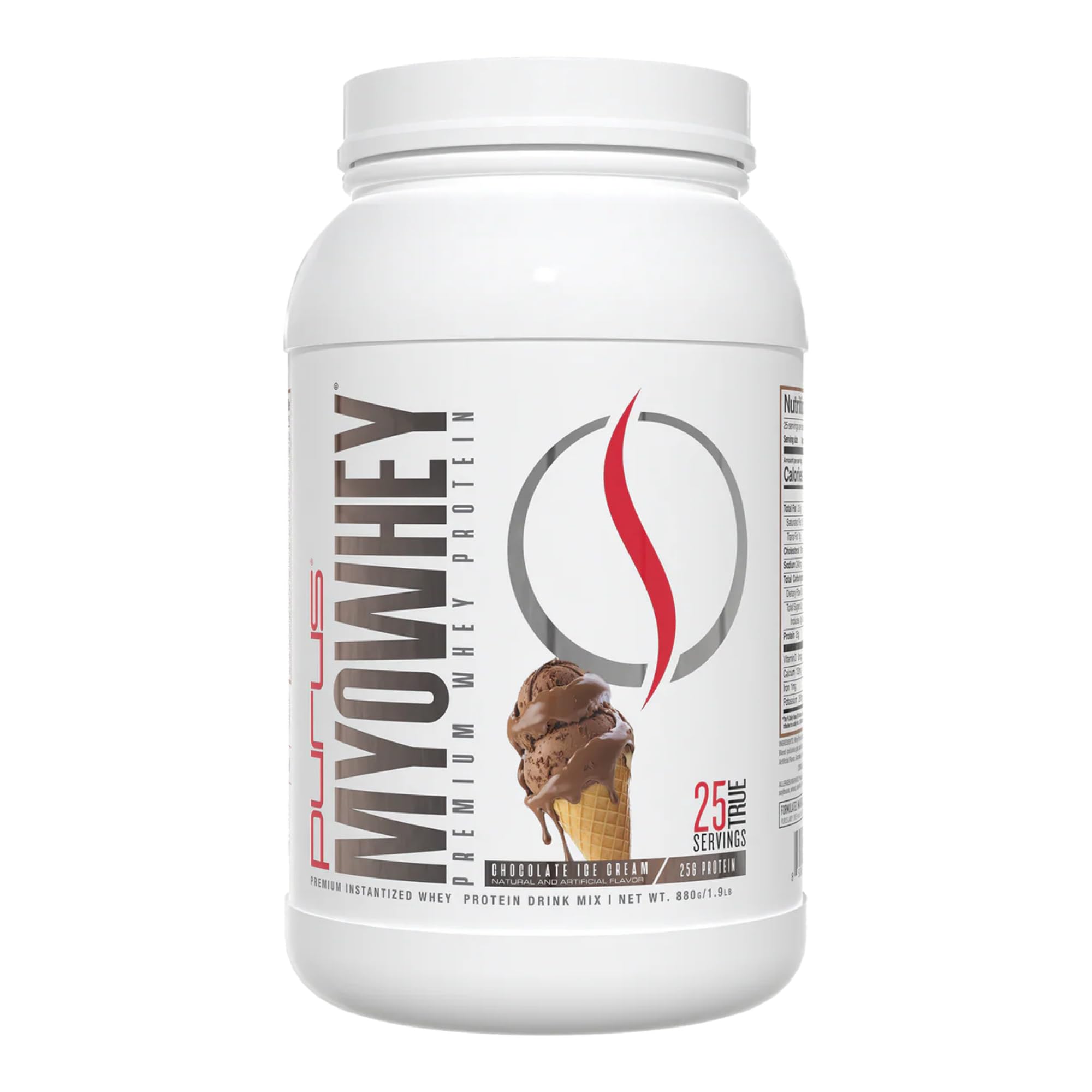 Purus Labs MyoWhey chocolate ice cream tub showing 25 g protein per serving