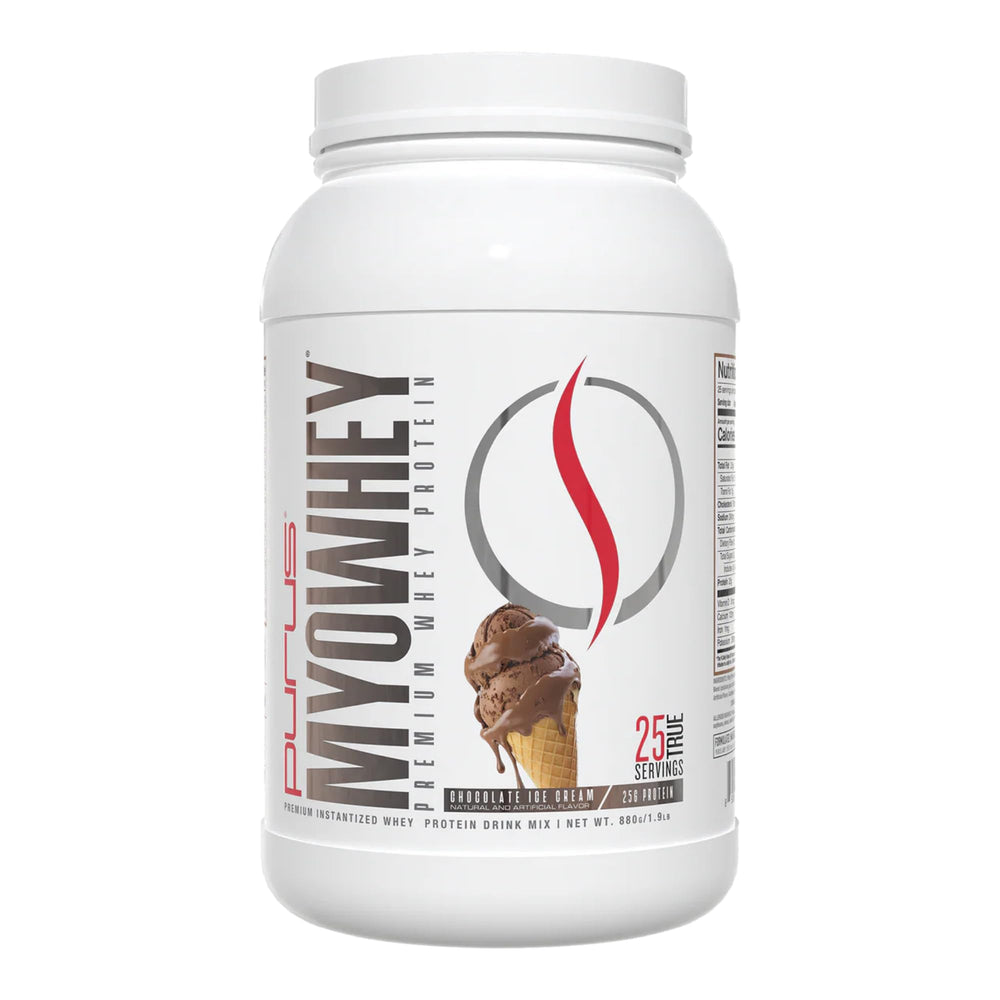 Purus Labs MyoWhey chocolate ice cream tub showing 25 g protein per serving