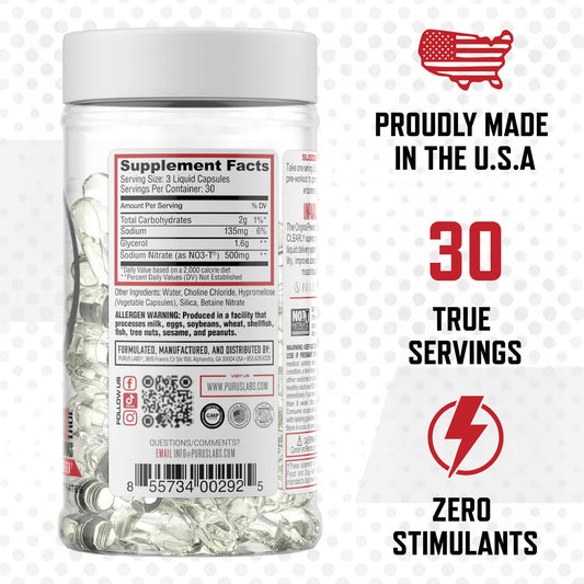 Purus Labs NOXygen capsules closeup highlighting fast-acting workout support.